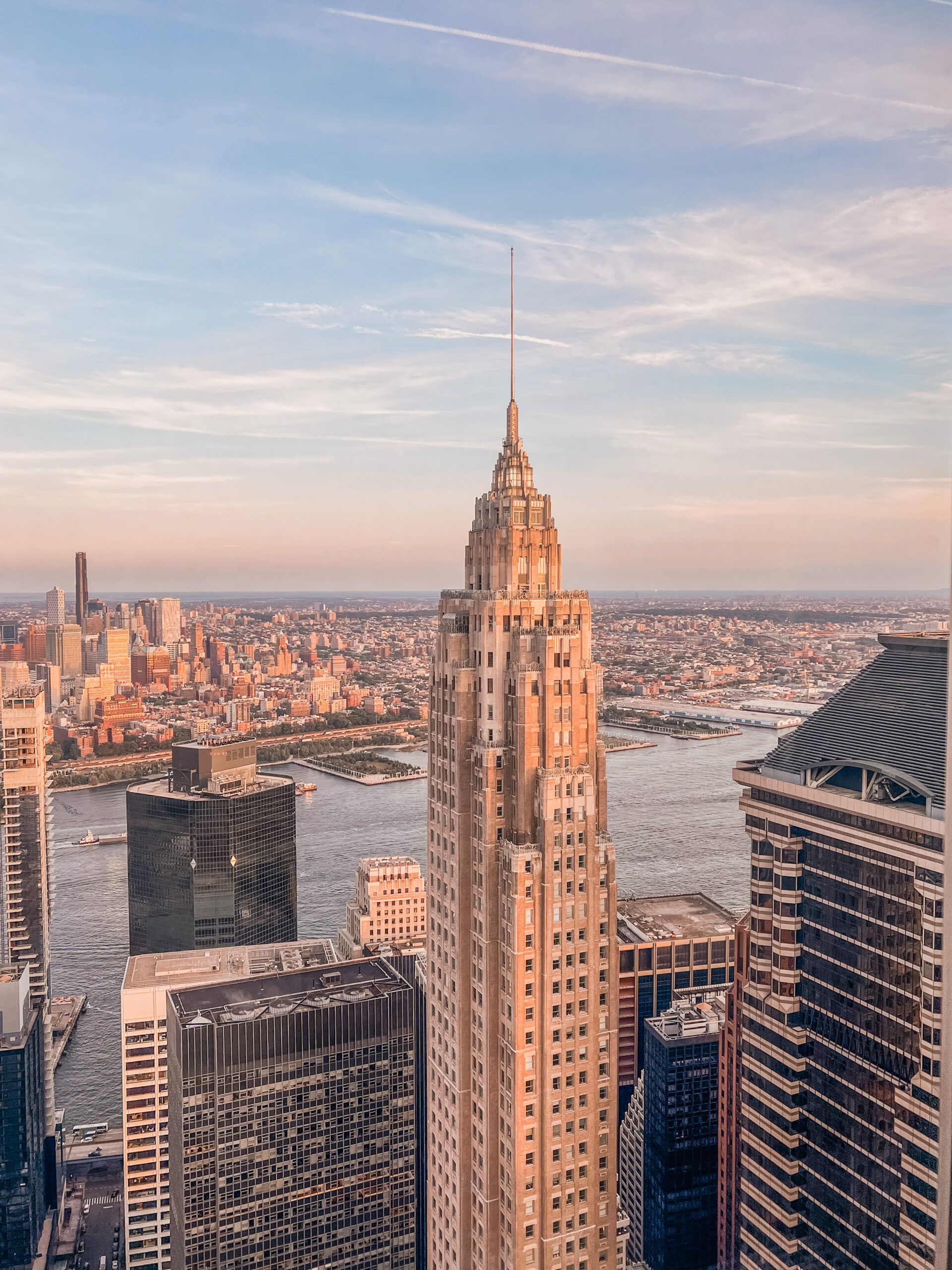 View of Overstory, 70 Pine, Downtown NYC and Brooklyn from Manhatta Retaurant.