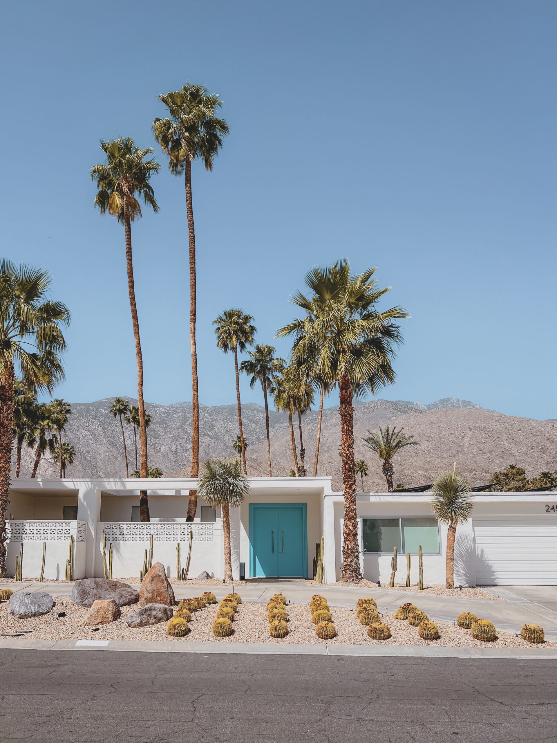 A Mid-Century Modern house in Palm Springs featuring a white facade and blue door, tall palm trees and cactai landscaping with the mountains in the background.